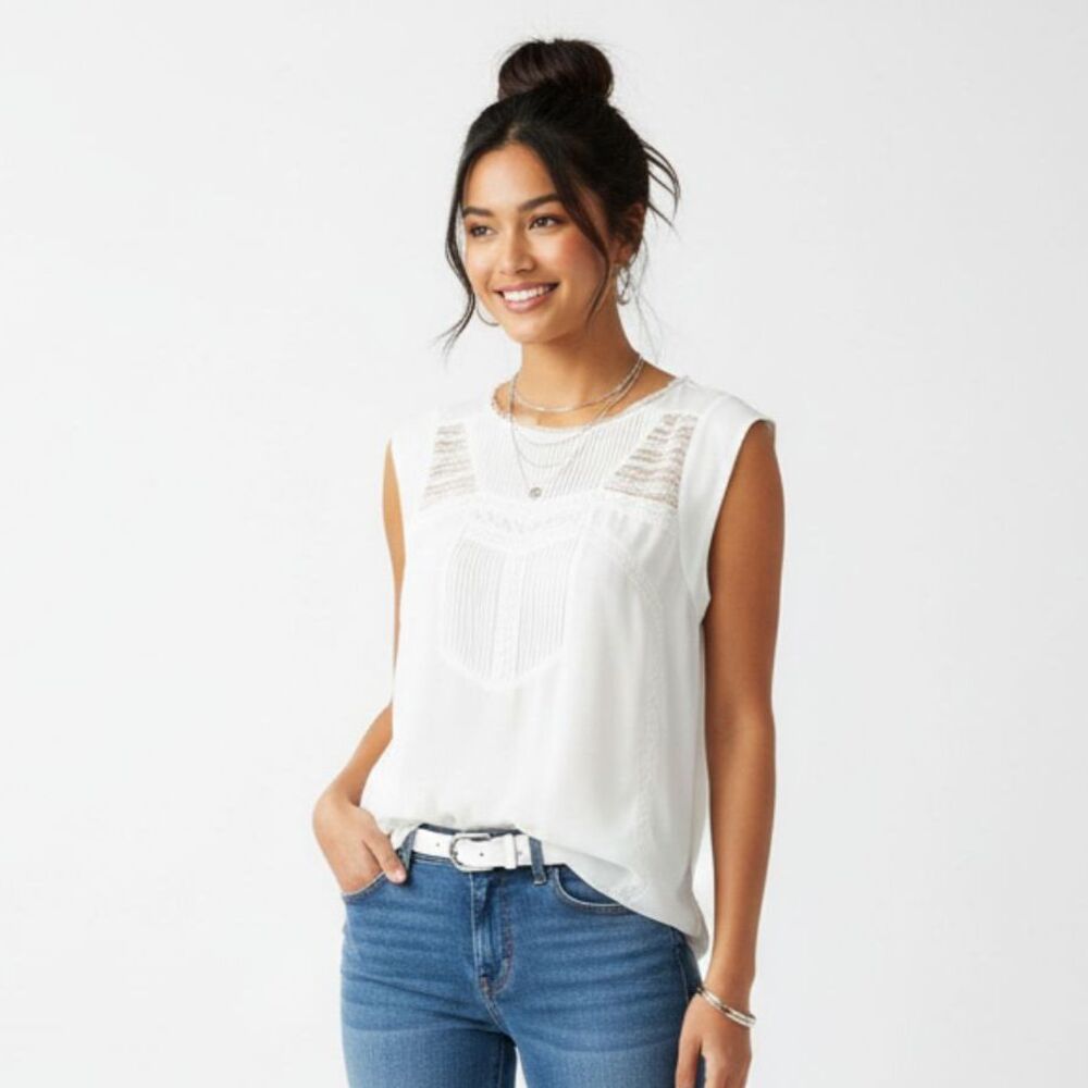 Sam Edelman Ivory Lace Trim Pleat Front Short Sleeve Blouse Top L - Picture 1 of 7